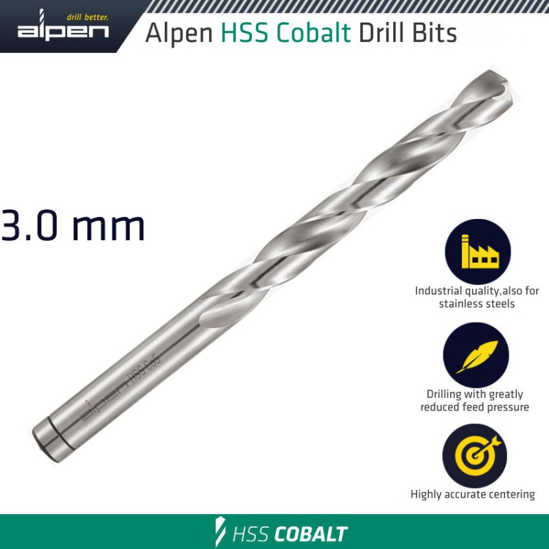 Drill Bit Industrial, 03.0mm Quality Fully Ground COBALT- STAINLESS