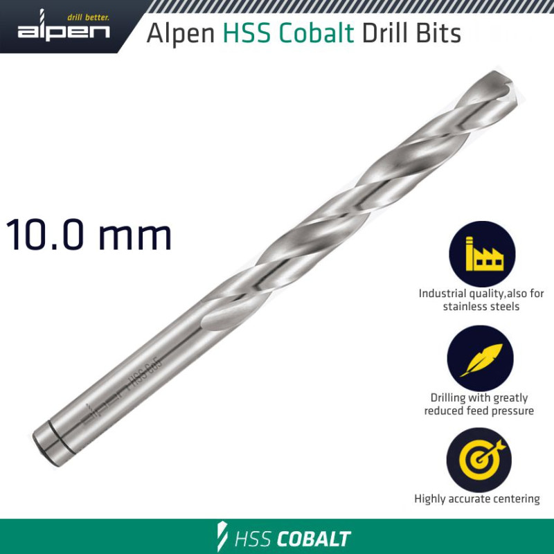 Drill Bit Industrial, 10.0mm Quality Fully Ground COBALT- STAINLESS
