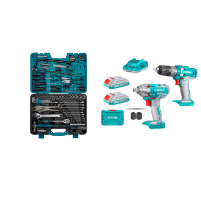 Combo Kit, TOTAL Drill & Impact Wrench Cordless Set + BORT 86 Pc Tool Set