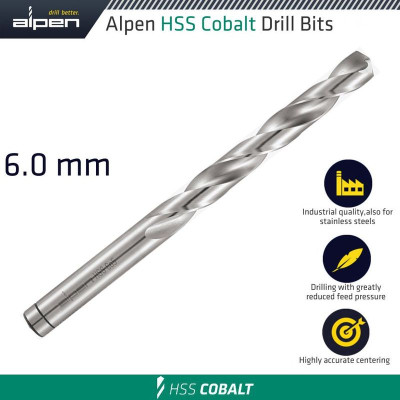 Drill Bit Industrial, 06.0mm Quality Fully Ground COBALT- STAINLESS