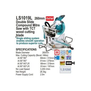 MAK086790#1.jpg. MAKITA Mitre Saw, Sliding 260mm, LS1019L, Double Mitre