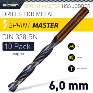 ALP6310060#1.jpg. HSS SPRINT MASTER 6.0MM 10-PACK HANG TAG DIN 338 ALPEN DRILL BITS