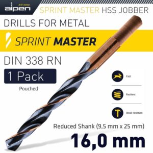 ALP6400160#1.jpg. HSS SPRINT MASTER 16.0MM RED SHANK 9.5MM X1 SLEEVED DIN338 ALPEN DRILL