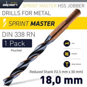 ALP6480180#1.jpg. HSS SPRINT MASTER 18.0MM RED SHANK 12.5MM X1 SLEEVED DIN338 ALPEN DRIL